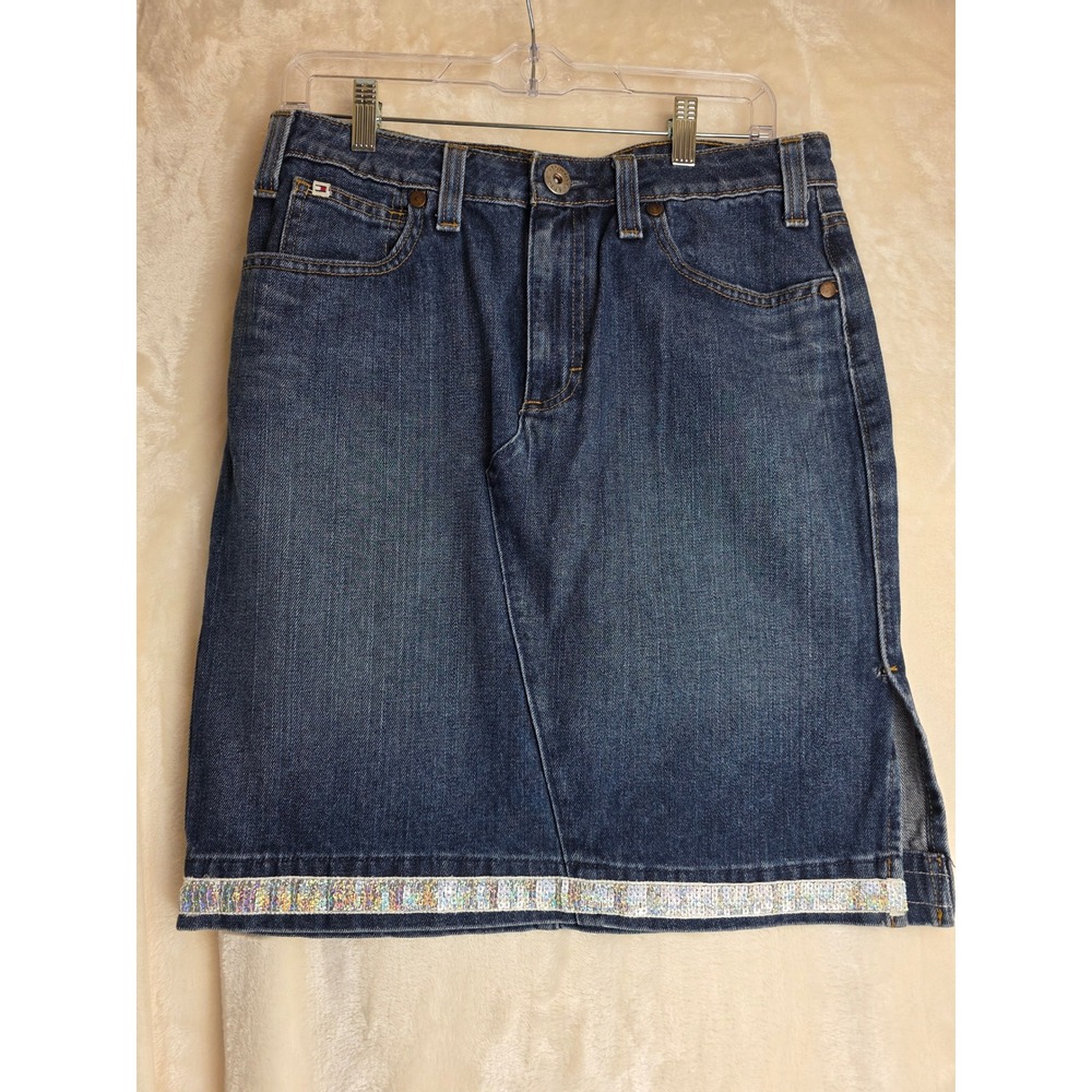 Tommy Hilfiger Denim Skirt Sequin‎ Trim Blue A-Line Size 8